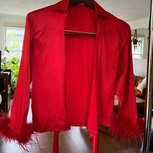 SATIN FRONT TIE SHIRT WITH FEATHER ARMS